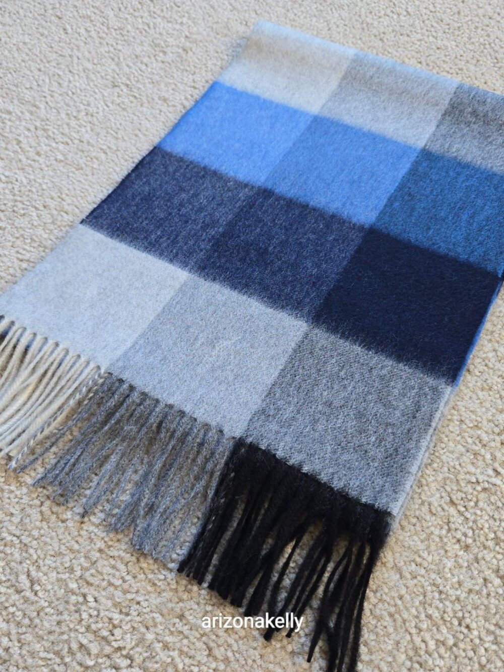 NWOT Cashmere Woven Scarf Blue, Black & Gray Plaid Checks - Picture 14 of 15